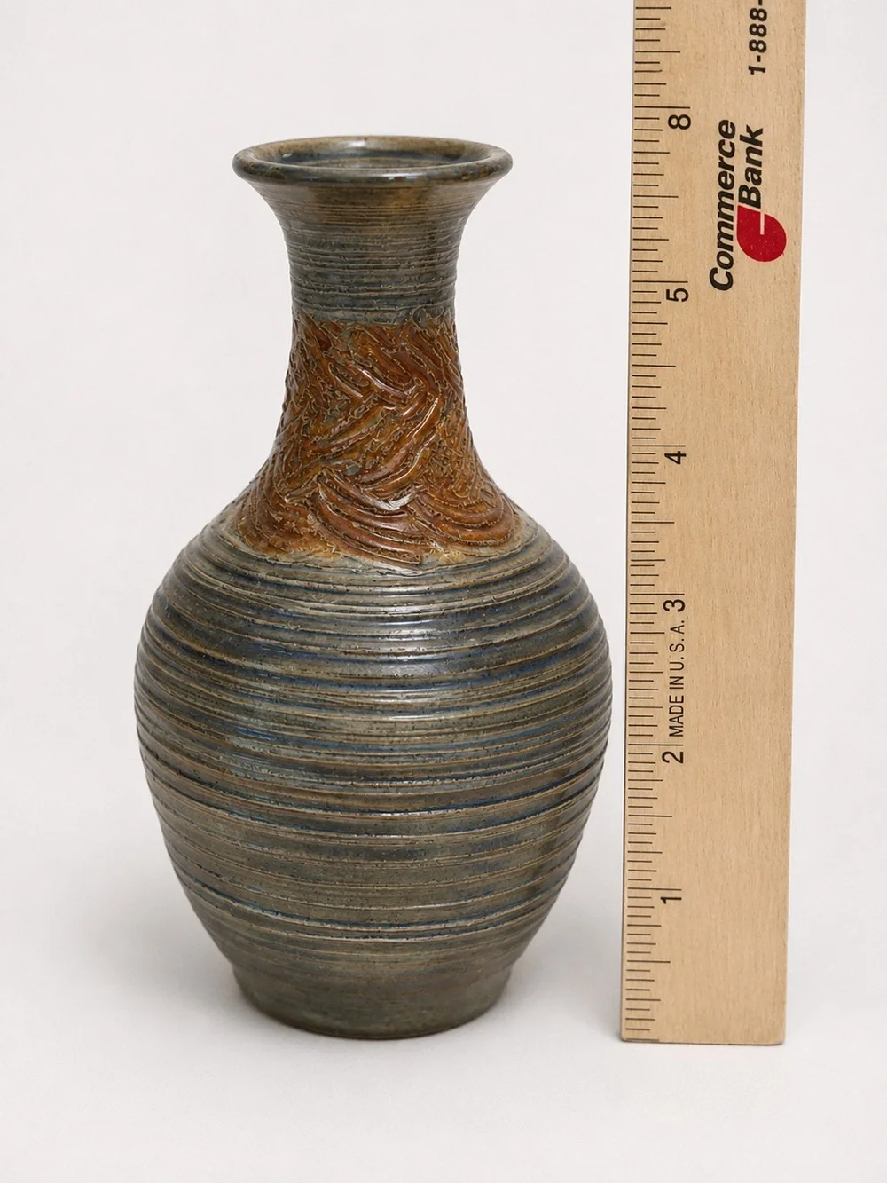 Vintage 1980 Signed Studio Pottery Vase Hand Thrown Ribbed Art Pottery 6.5”